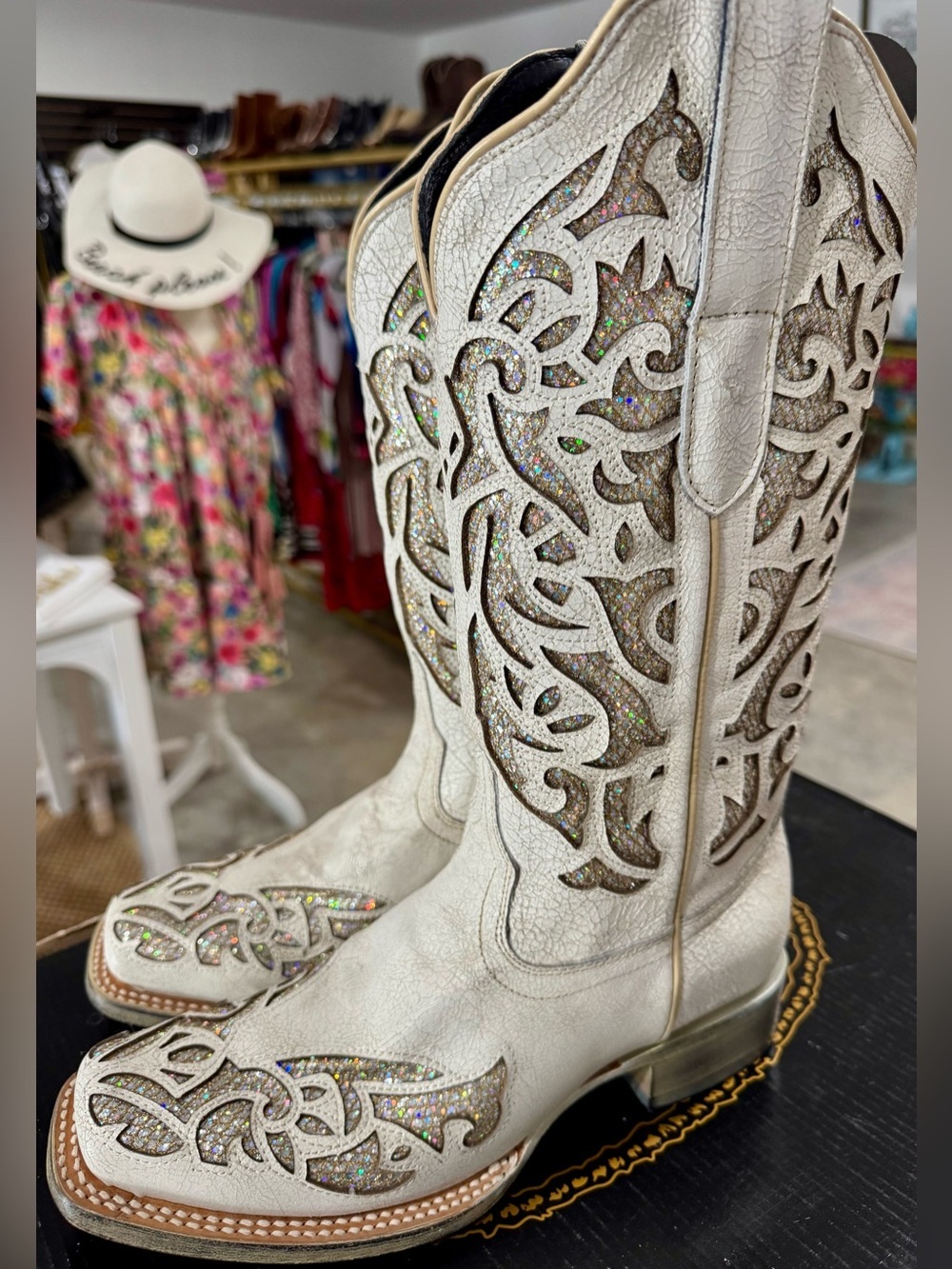J.B. Dillon White Leather Glitter Inlay Western Heeled Boots